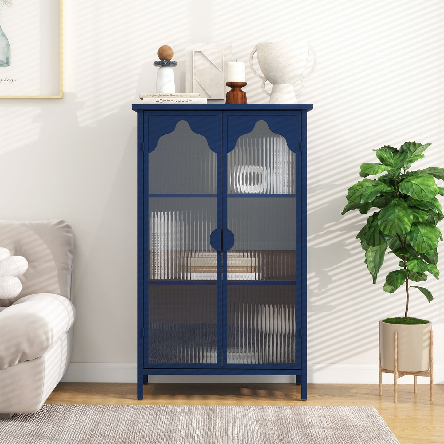 2 Doors Metal Storage Cabinet Display Cabinet With Glass Doors Metal Kitchen Sideboard Buffet Cabinet Glass Storage Cabinet For Dining Room Living Room Bedroom - Dark Blue Home Essentials