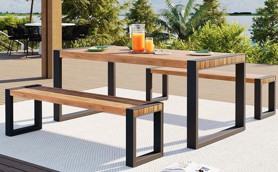 3 Pieces Outdoor Dining Table With 2 Benches, Patio Dining Set With Unique Top Texture, Acacia Wood Top & Steel Frame, All Weather Use, For Outdoor & Indoor - Natural Hearth and Haven