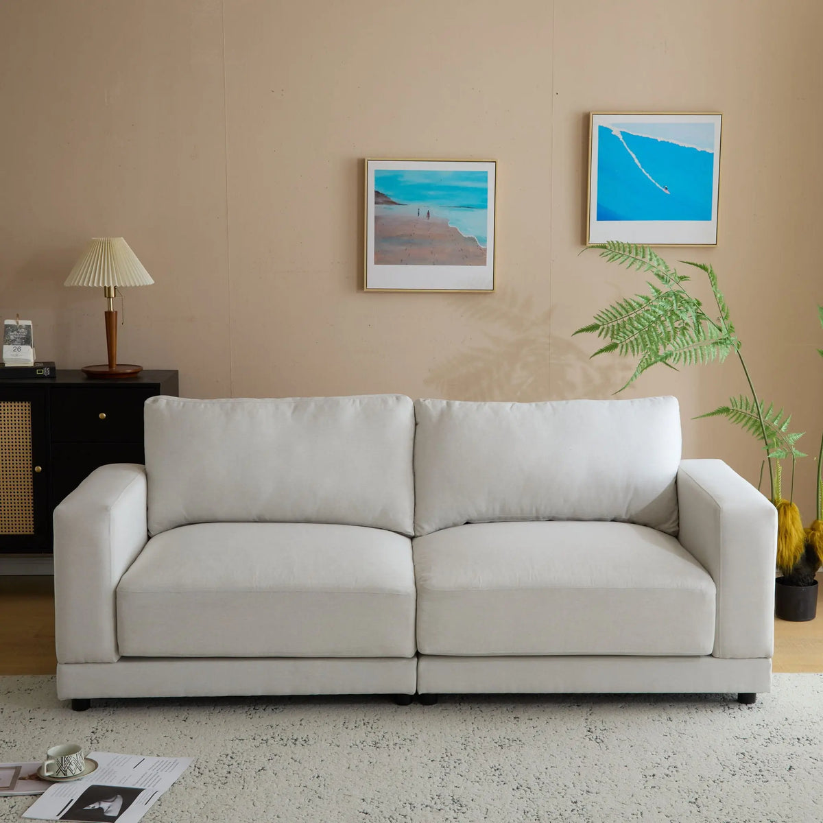 Modern Square Arm Sofa With Soft Fabric Upholstery, Deep Cushions Noble House