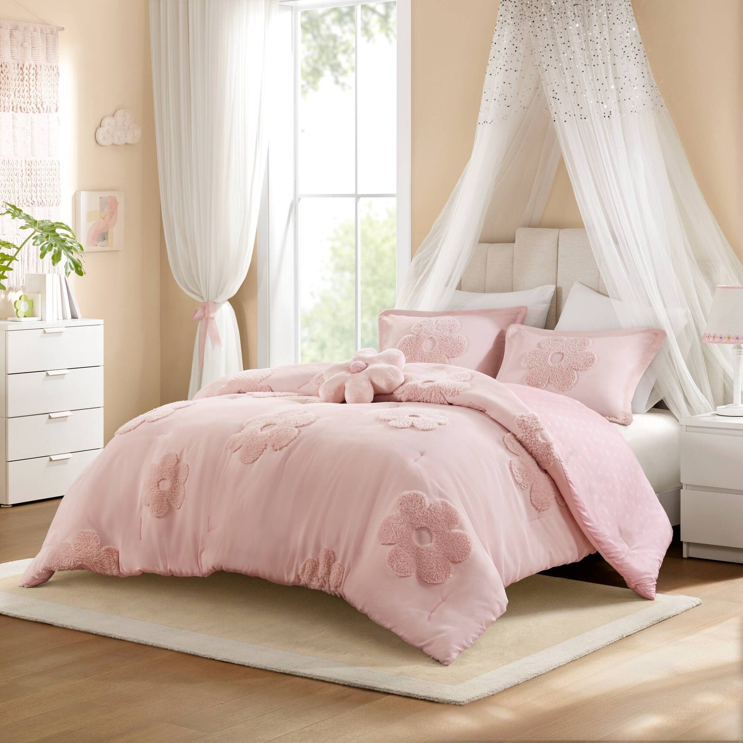 Gracie - Full/Queen Floral Reversible Comforter Set With Flower Throw Pillow - Pink Intelligent Design Kids