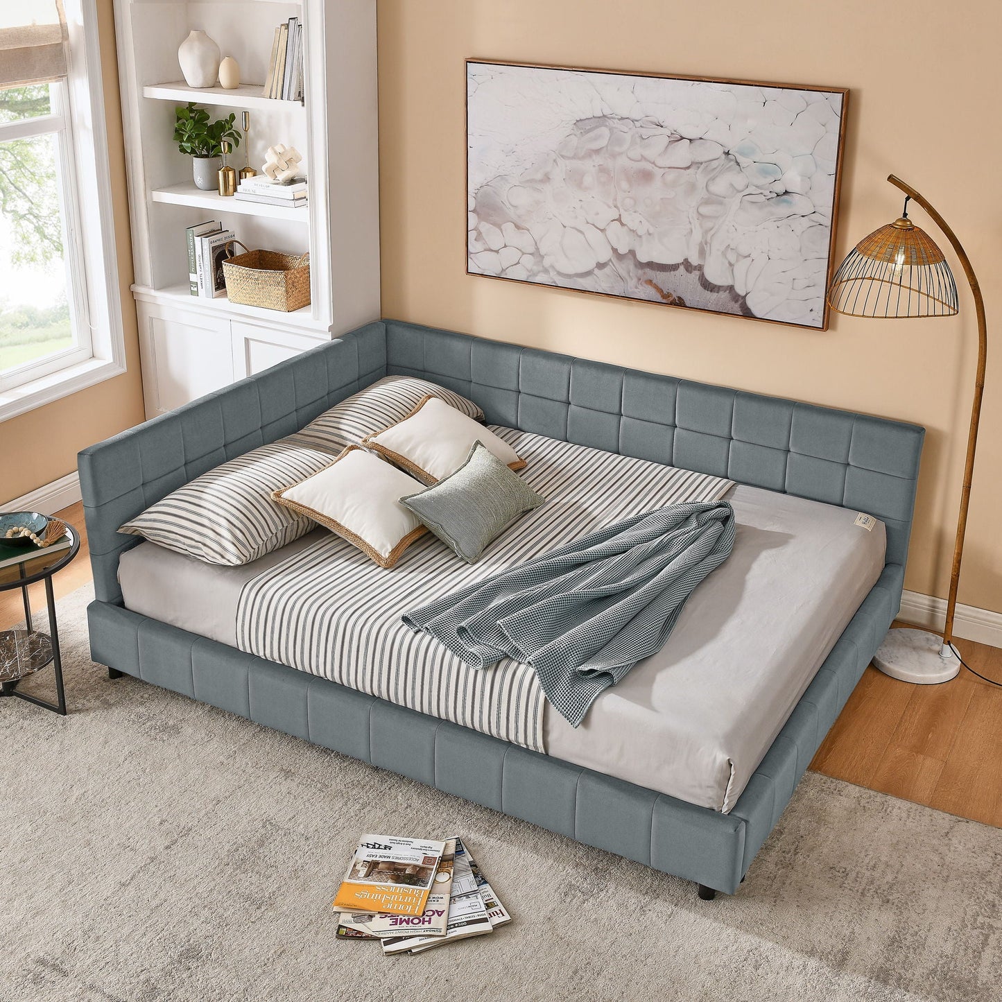 Mid-Century Storage Upholstered Tufted Bed Frame With Backrest And Armrests Home Essentials