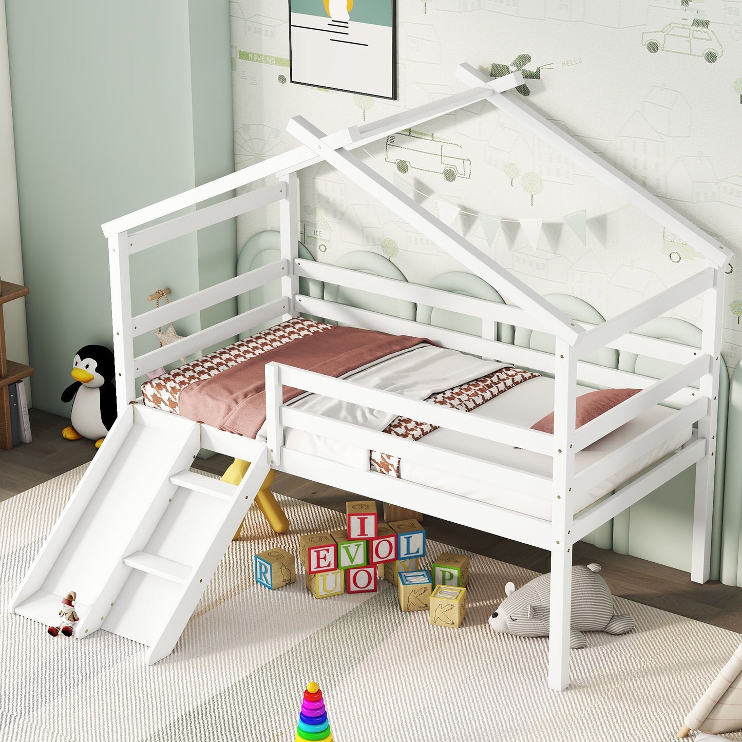 Low Loft House Bed With Slide, Ladder, Safety Guardrails, House Roof Frame Home Essentials