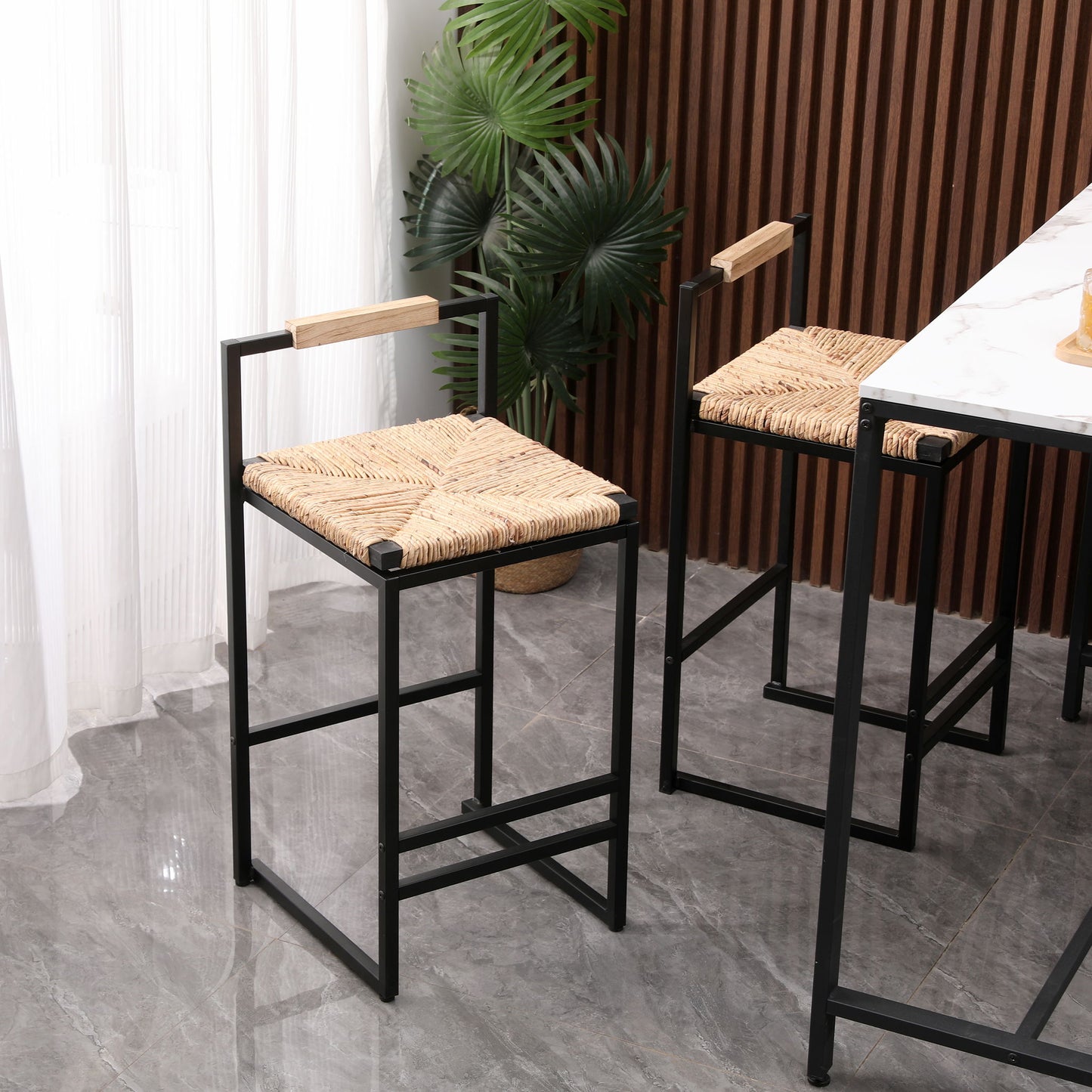 Water Hyacinth Woven Bar Stools With Back Support, Counter Height Dining Chairs (Set of 2) - Natural Home Essentials