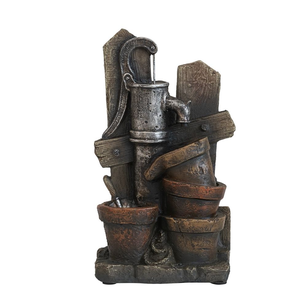 Water Fountain With Antique Water Pump Design And LED Light - Brown / Gray Daily Nest