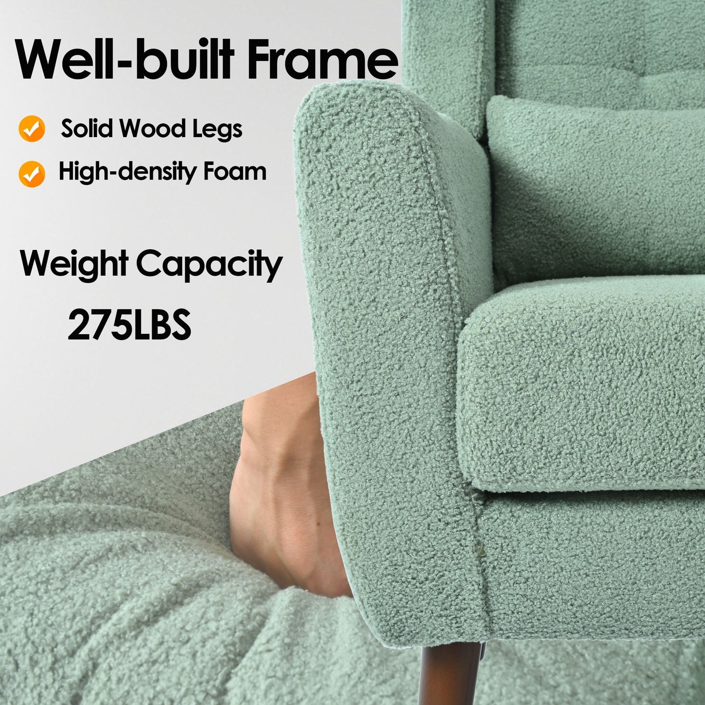 Modern Accent Chair, Teddy Fabric Living Room Chairs Comfy Reading Chair, Mid Century Accent Chair, Lounge Arm Chairs Armchair For Living Room Bedroom - Light Green Home Essentials