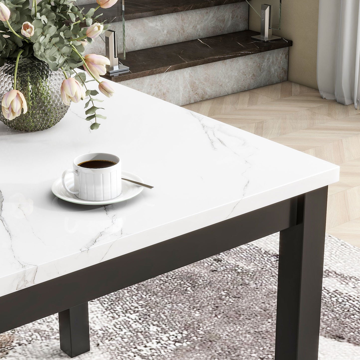 5-Piece Counter Height Dining Table Set With One Faux Marble Top Dining Table And Four Velvet Upholstered Chairs Home Essentials