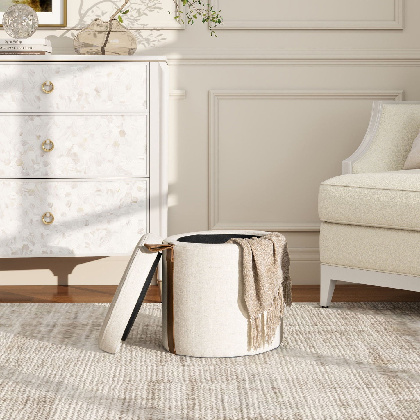 Brandy - Round Upholstered Storage Ottoman With Leather Accent Jennifer Taylor Home