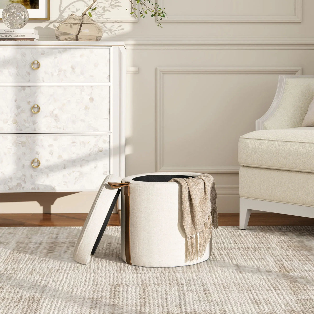 Brandy - Round Upholstered Storage Ottoman With Accent Jennifer Taylor Home