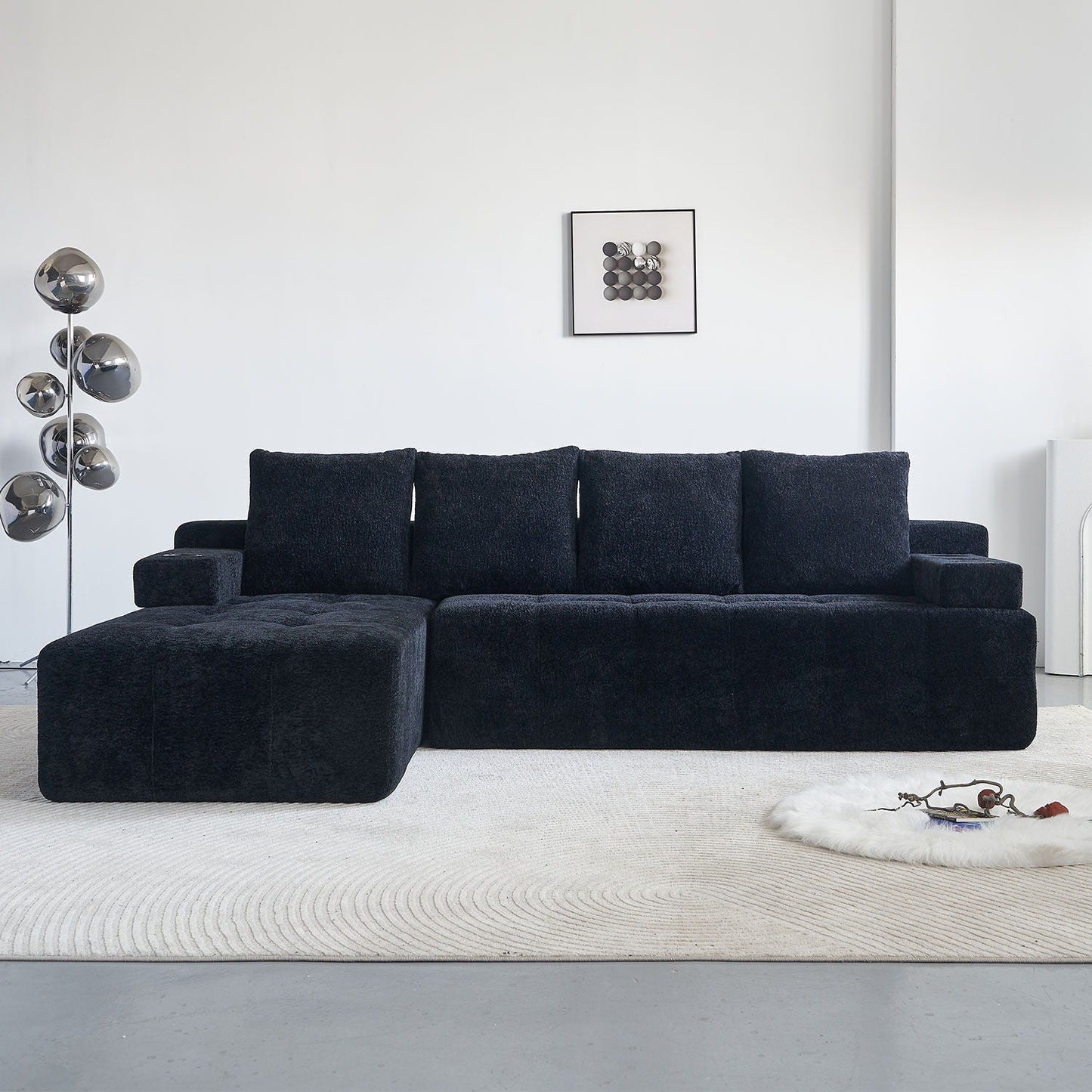 L - Shaped Sectional Sofa With Side Pockets, Wireless Charging, USB Ports, Cup Holder, Bluetooth Speaker, Reversible Lounge Chaise - Black Home Essentials