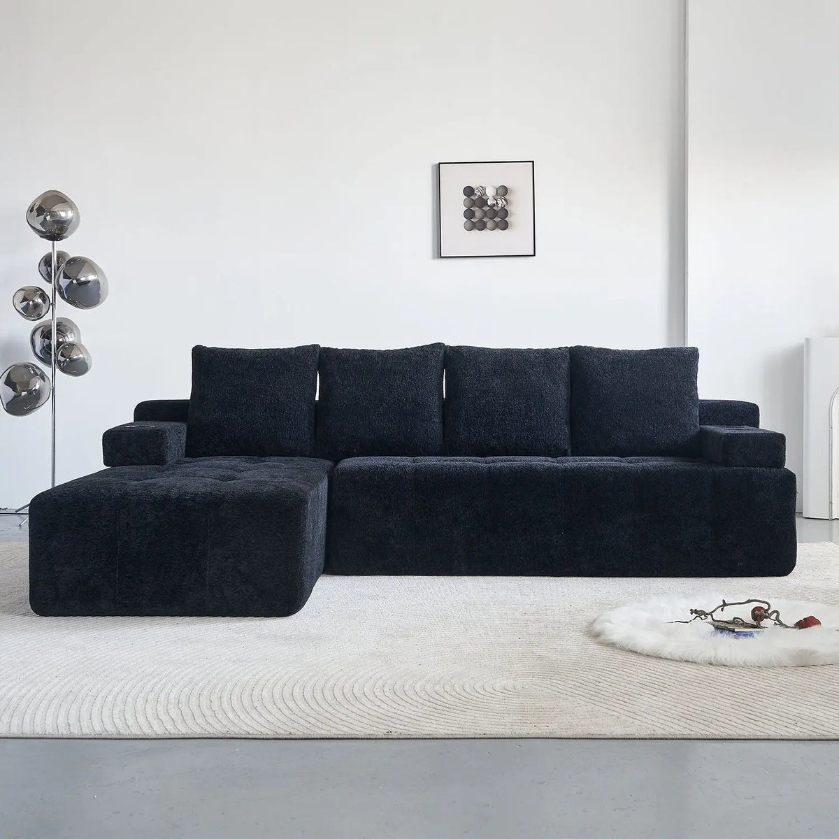 L - Shaped Sectional Sofa With Side Pockets, Wireless Charging, USB Ports, Cup Holder, Bluetooth Speaker, Reversible Lounge Chaise - Black Home Essentials