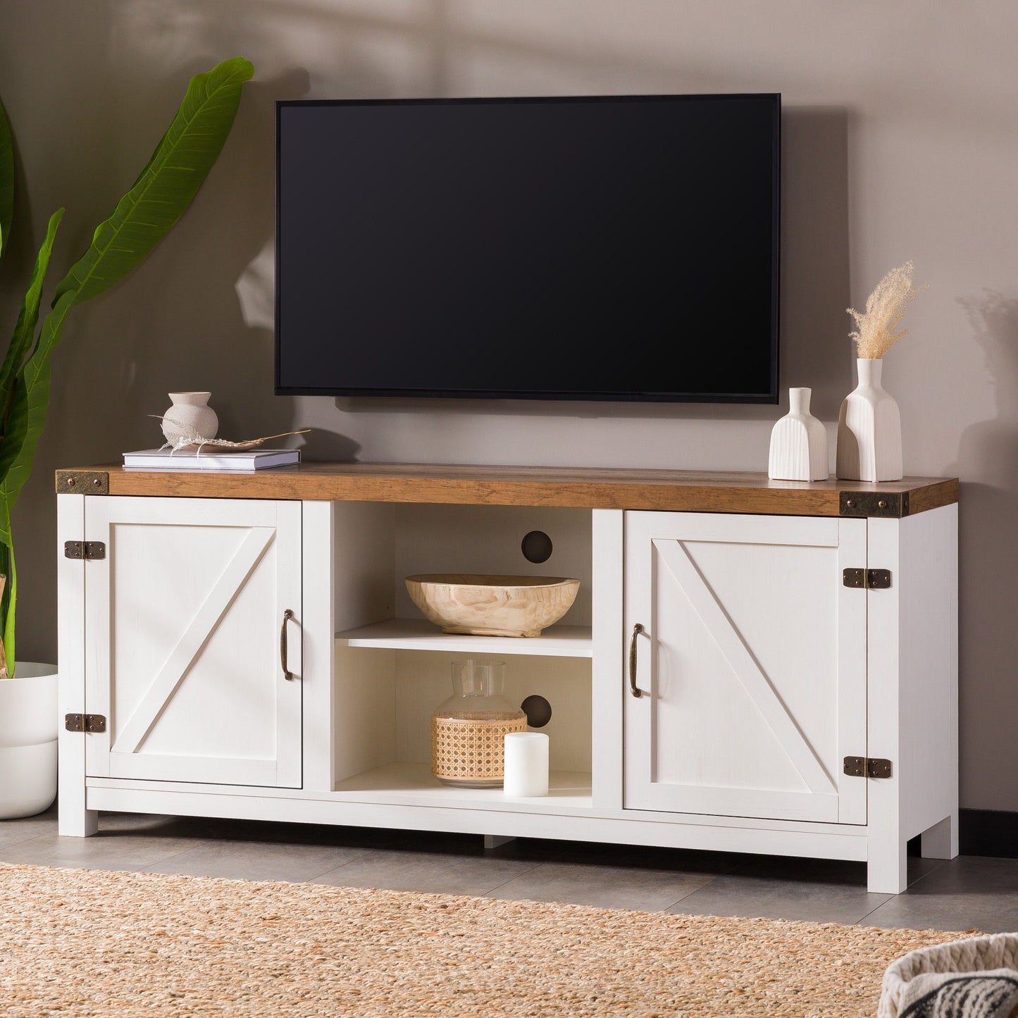 Modern Farmhouse Barn Door 3 Shelf TV Stand For TVs Up To 65” Walker Edison