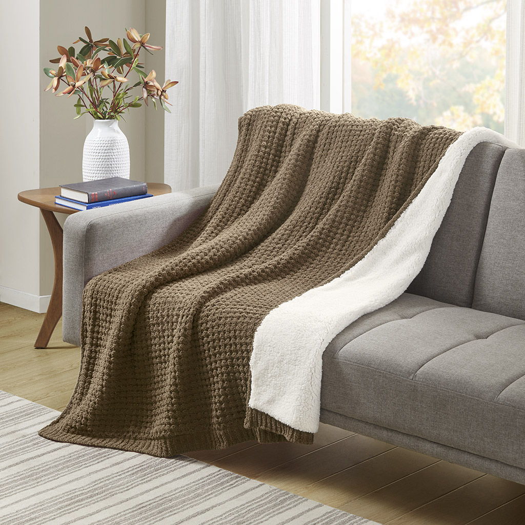 Rowan - Waffle Knit Chenille Throw - Brown Madison Park