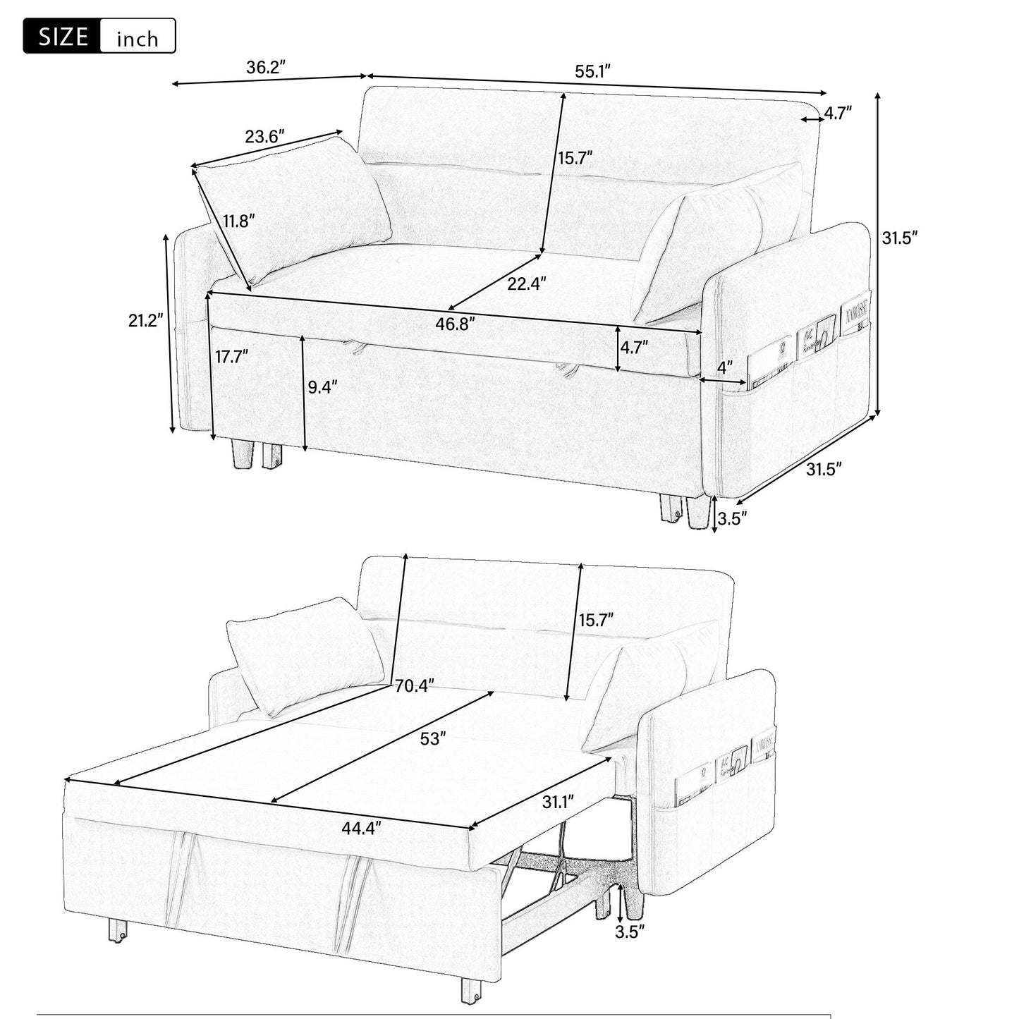 Pull Out Sleep Sofa Bed Loveseats Sofa Couch With Adjsutable Backrest, Storage Pockets, 2 Soft Pillows, USB Ports For Living Room, Bedroom, Apartment, Office Hearth and Haven
