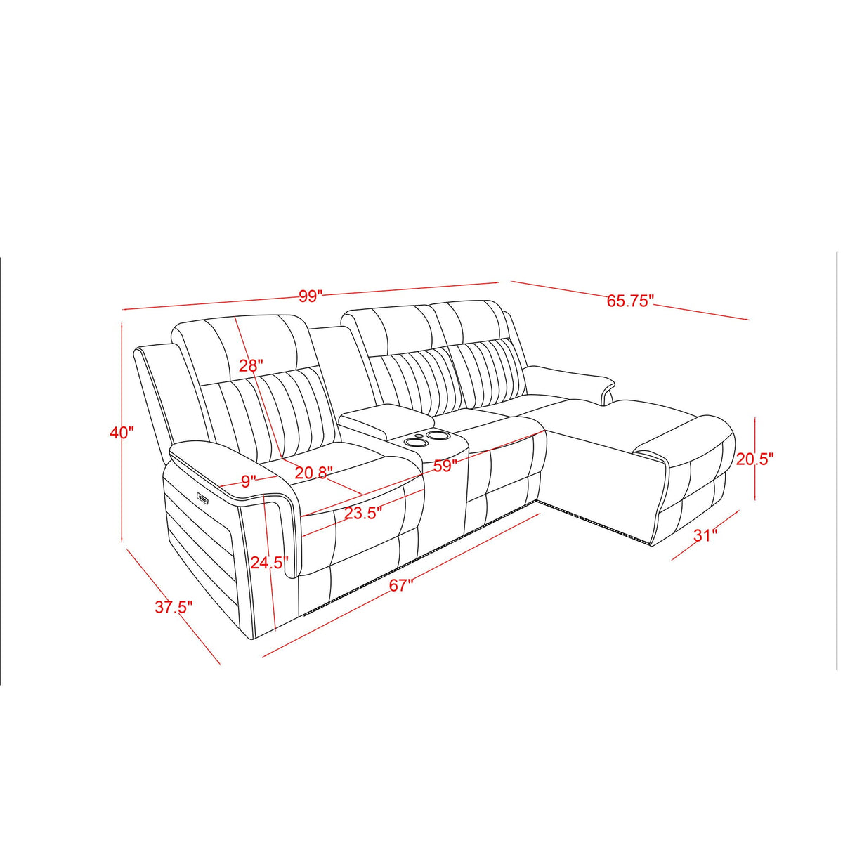 Ian - Power Reclining Chaise With LED Lighting, Pushback Design - Gray Global Furniture USA
