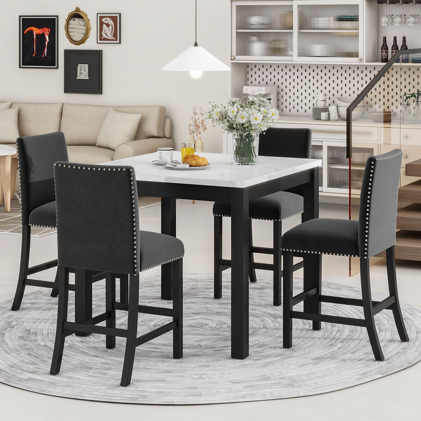5-Piece Counter Height Dining Table Set With One Faux Marble Top Dining Table And Four Velvet Upholstered Chairs Home Essentials