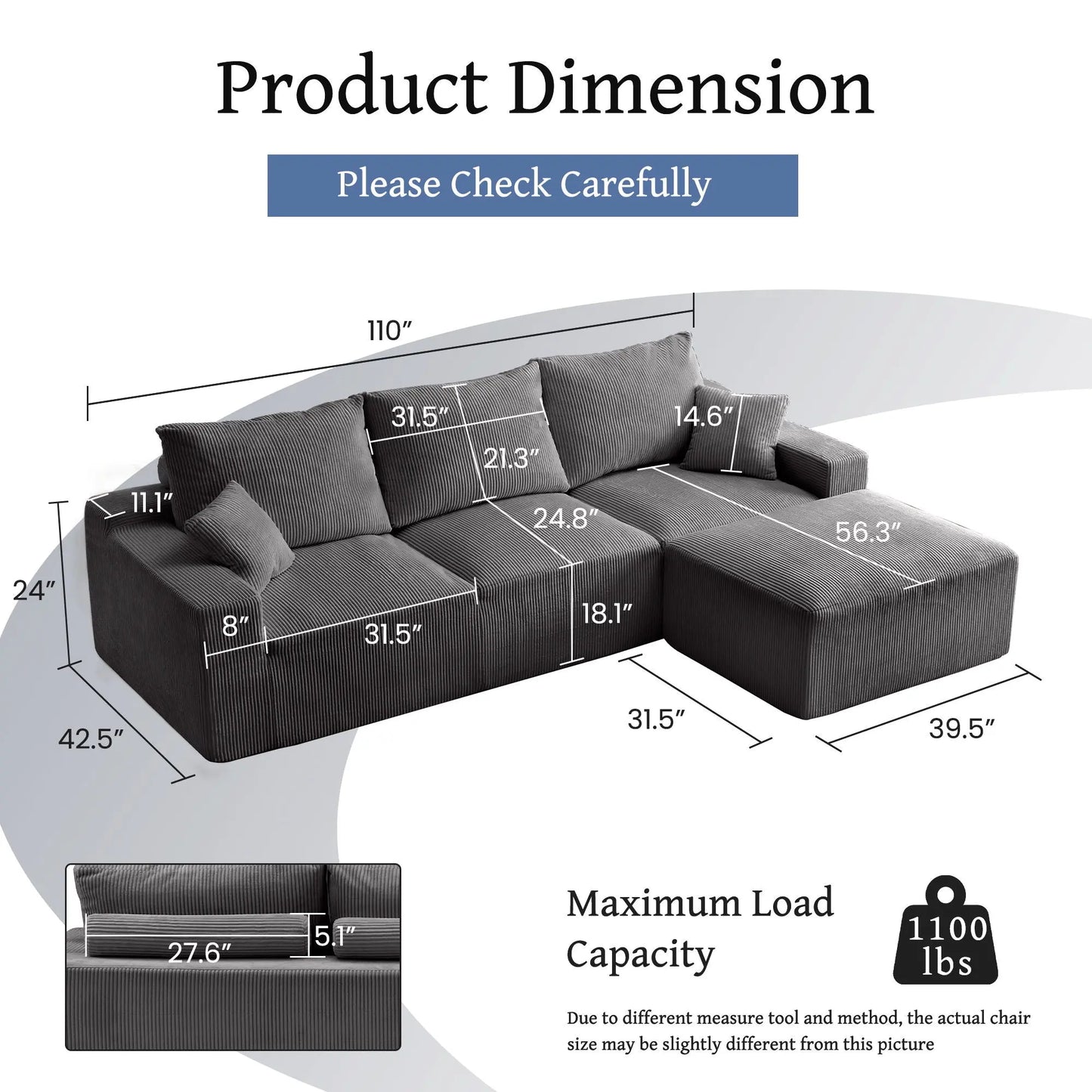 L Shaped Sectional Sofa, Full Compression 3 Seater Cloud Couch With Chaise Home Essentials