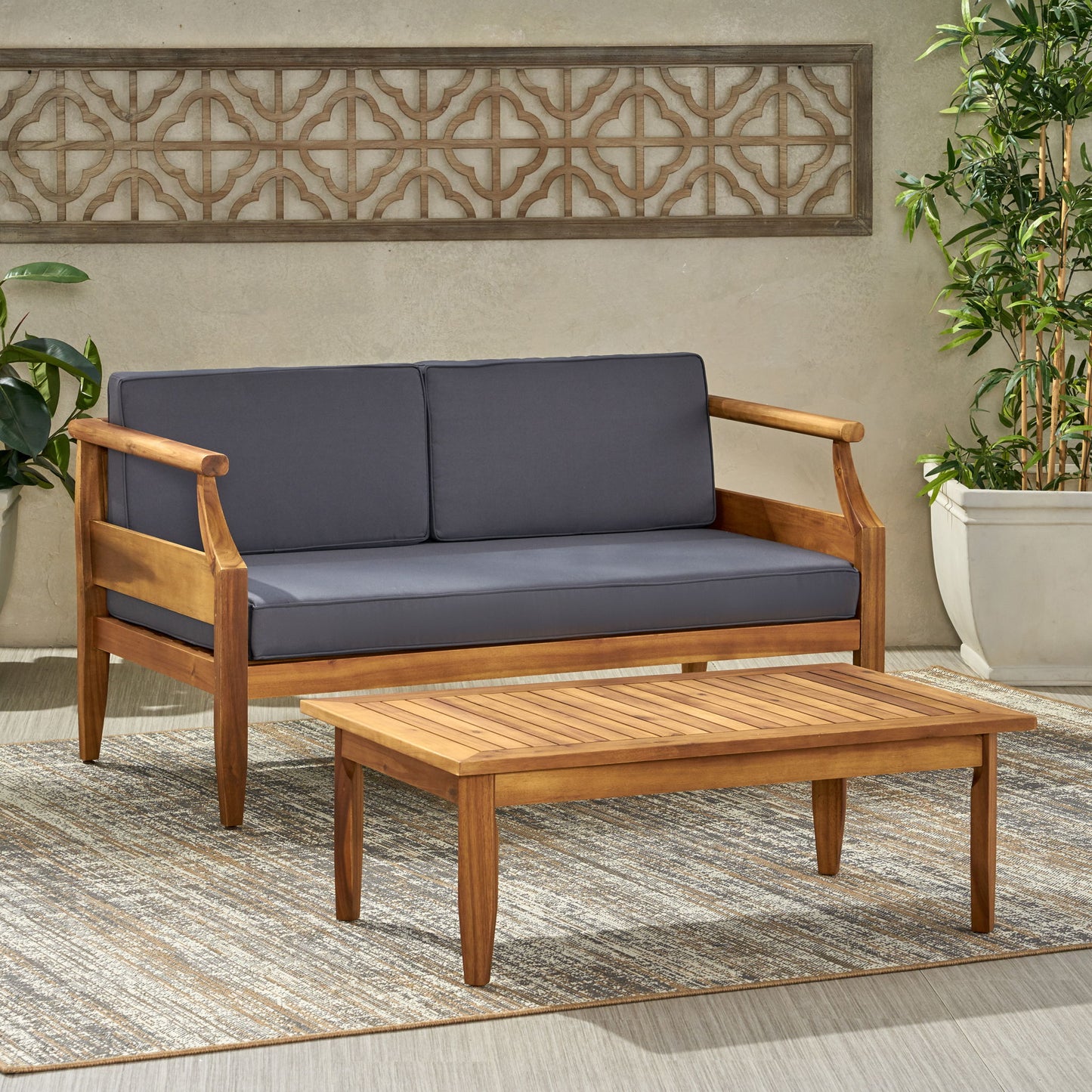 Aston - 2 Piece Wood Outdoor Patio Conversation Seating Set With Cushions Noble House