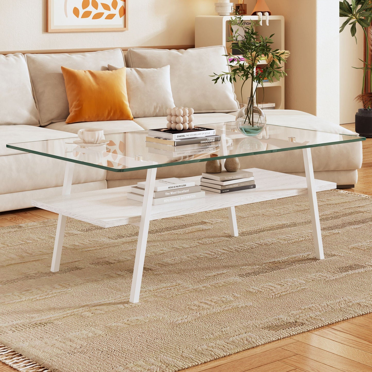 Rectangle Coffee Table, Tempered Glass Tabletop With Metal Legs, Modern Table For Living Room Home Essentials