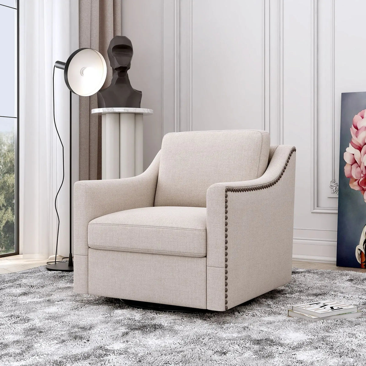 360 Degree Swivel Armchair, Skin Friendly Fabric, Ergonomic Design, Brass Nail Decorative Armchair Home Essentials