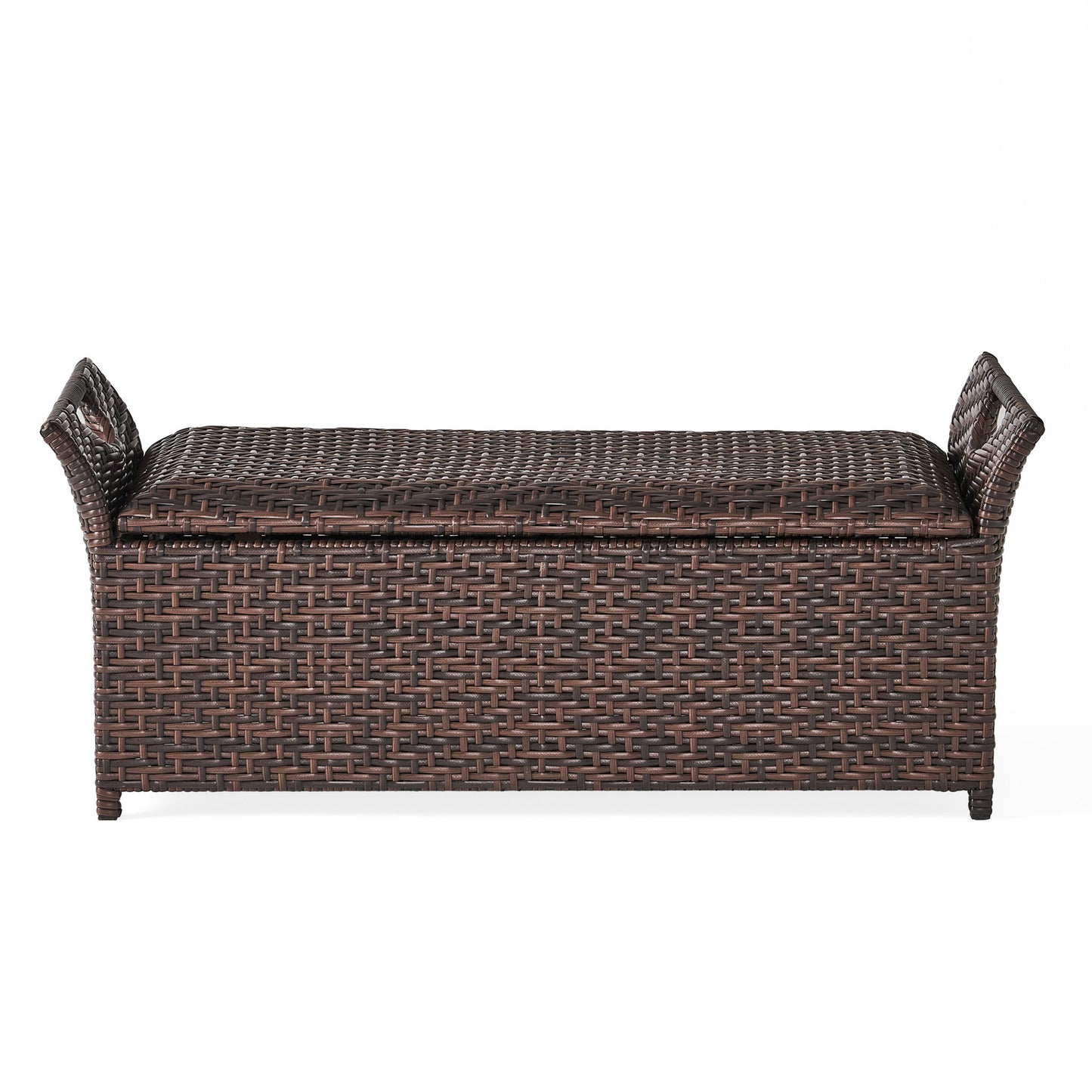 Outdoor Rattan Bench With Flair Arm And Storage - Brown Noble House