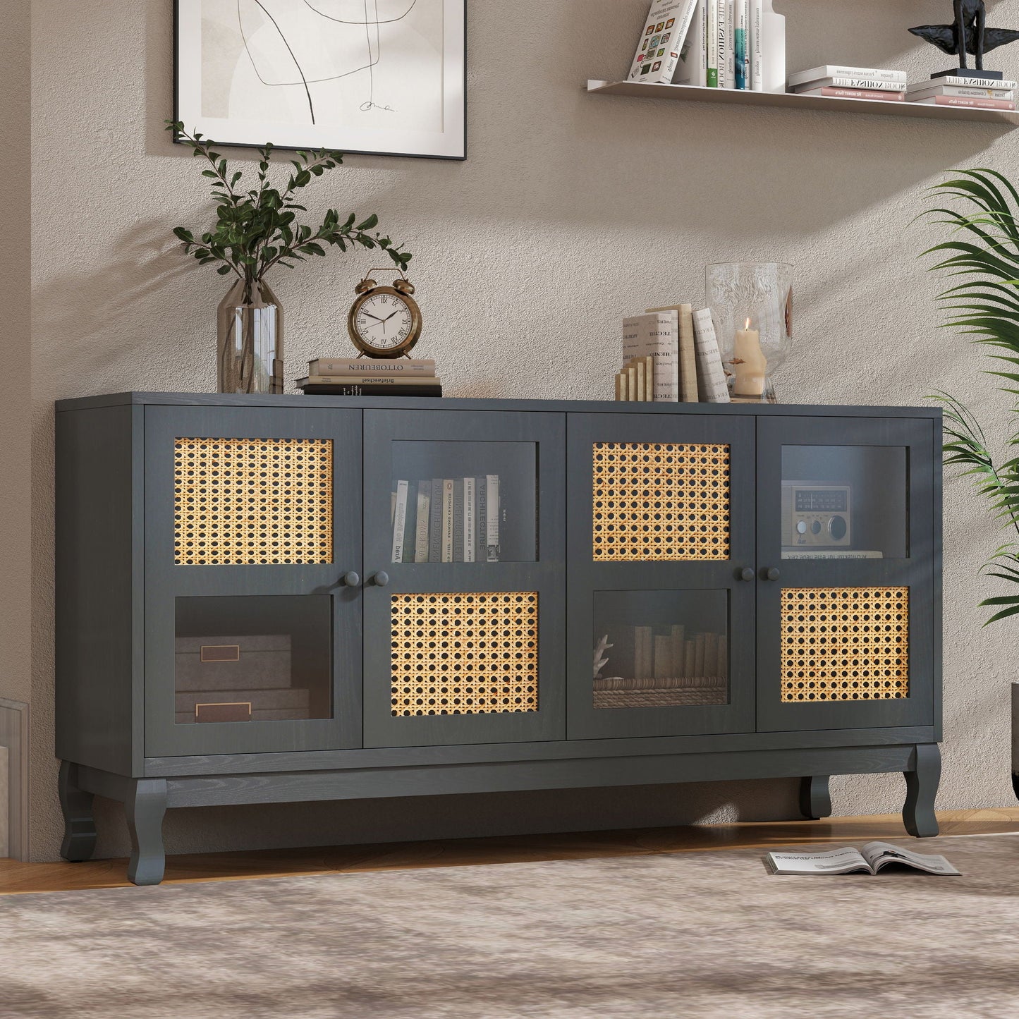 Retro Industrial 4 Door Sideboard With Large Storage, Rattan And Glass Doors Home Essentials