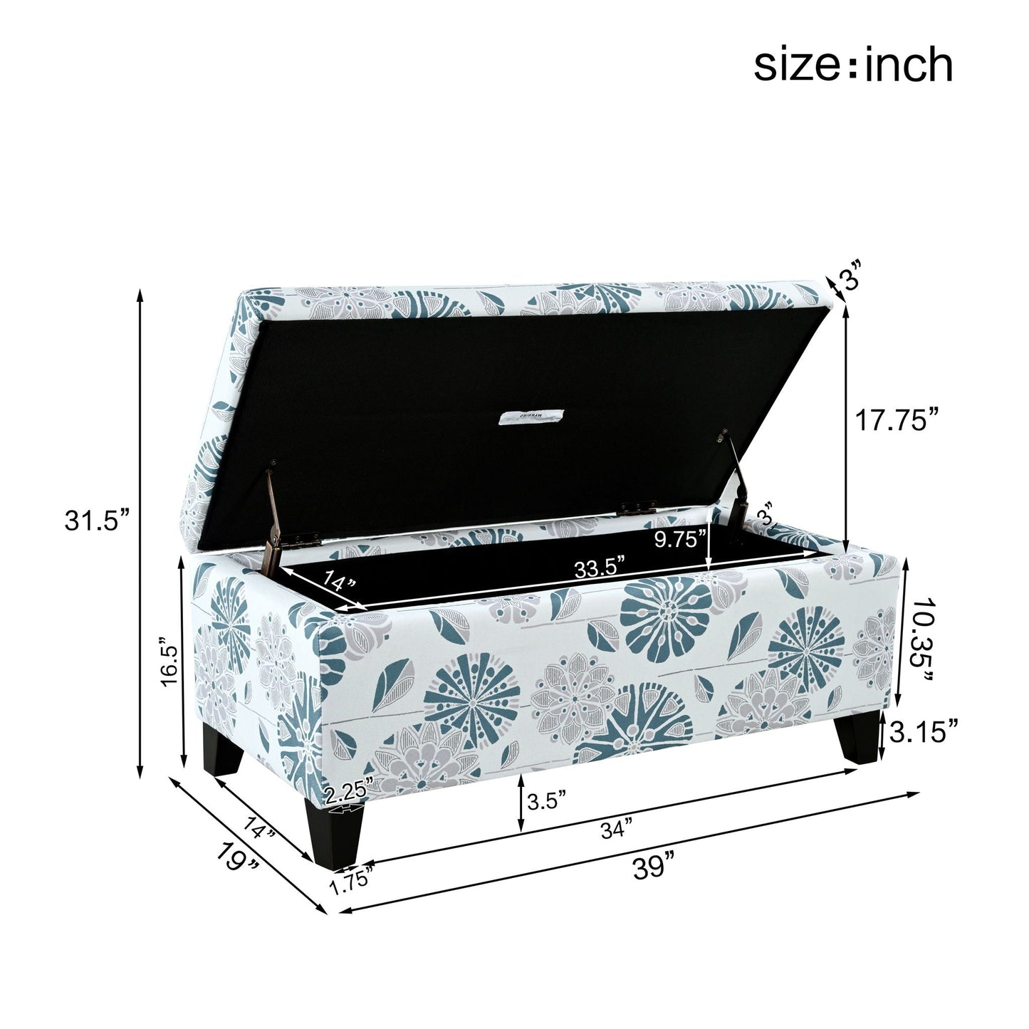 Luxury Storage Ottoman With Floral Patterned Fabric, Soft-Close Hinges, Multi Functional Noble House
