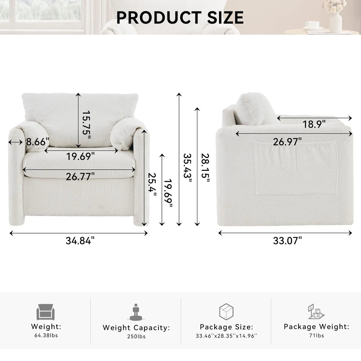 Fixed Modern Accent Chair Single Seater Plush Chenille Lounge Chair With High Resilience Cushion - Ivory White Home Essentials