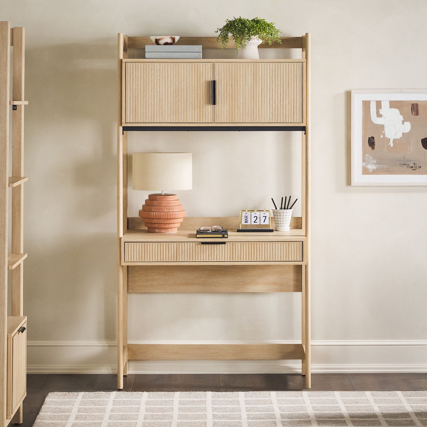 Transitional Reeded Desk With Hutch And Drawers Plus Tech Management Walker Edison