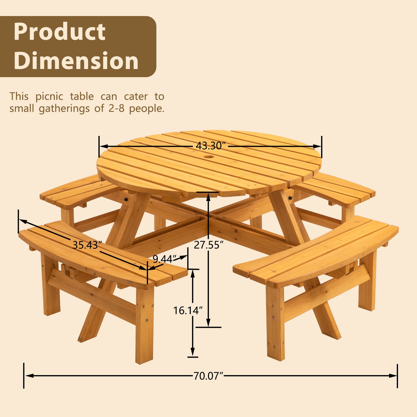 8 Person Wooden Picnic Table, Outdoor Camping Dining Table With Seat, Garden, Diy With 4 Built-In Benches, 2220Lb Capacity Home Essentials