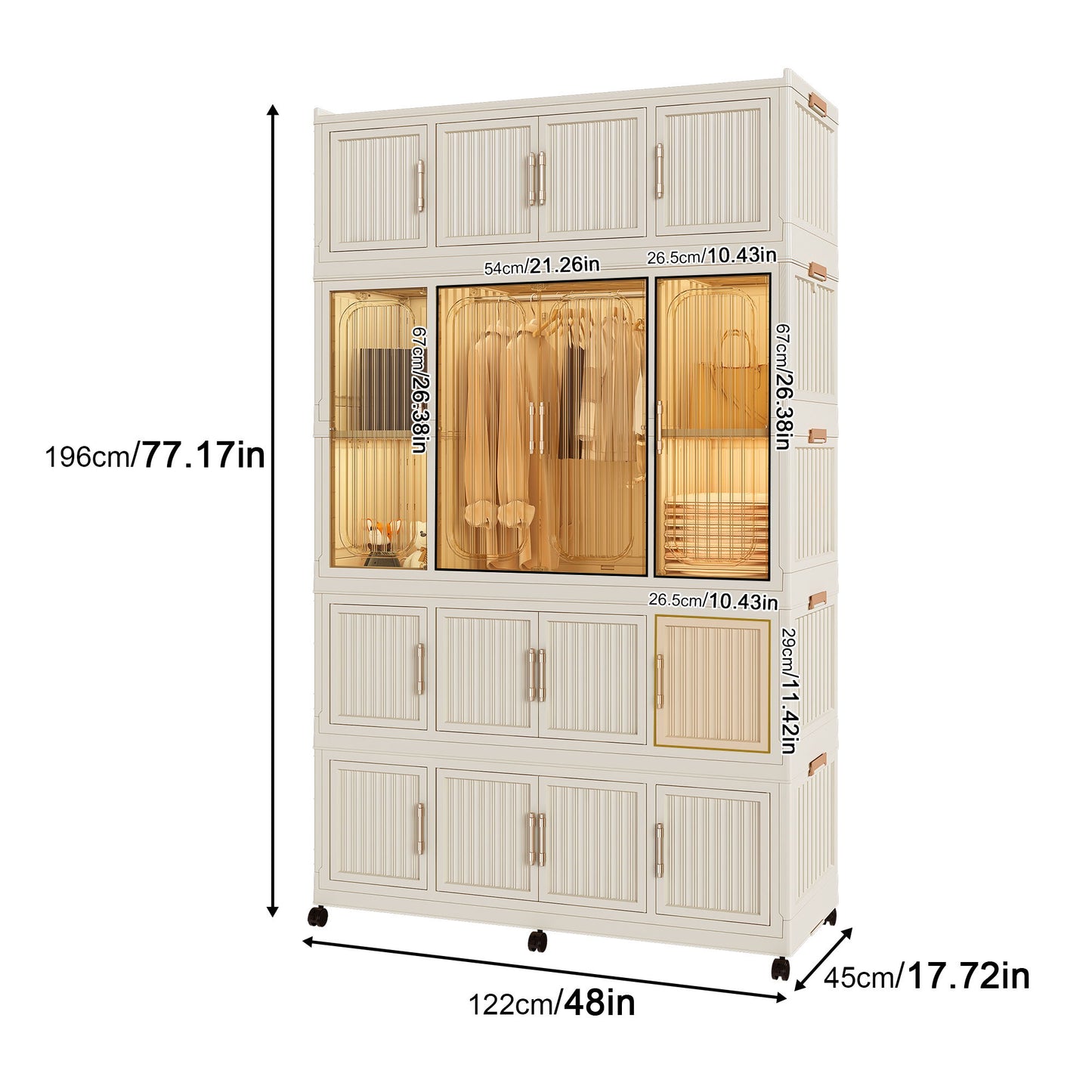 Portable Wardrobe Closet Storage Organizer With 17 Magnetic Doors, 17 Cubes, Hanging Rod & 6 Hangers - Creamy White Home Essentials