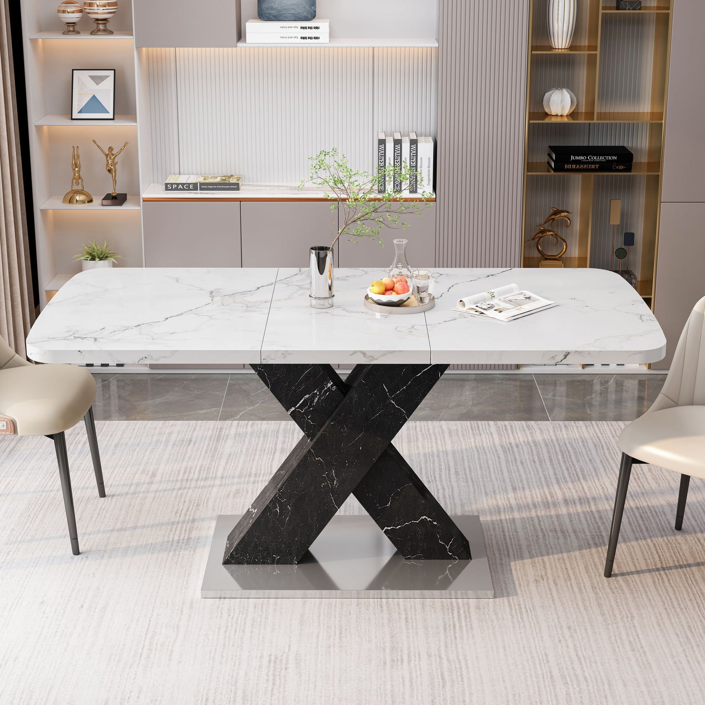 Rectangle Dining Table With Stretchable Top, X Shape Mdf Legs With Steel Base - White / Black Home Essentials