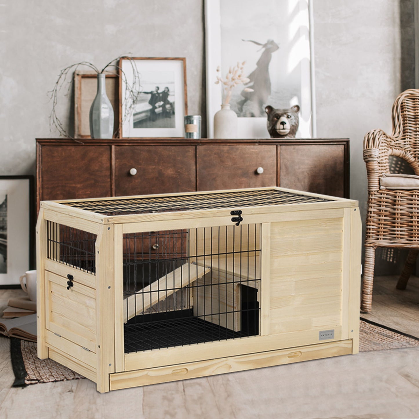 Wooden Rabbit Hutch Indoor Bunny House For Small Animals With Plastic Tray Daily Nest
