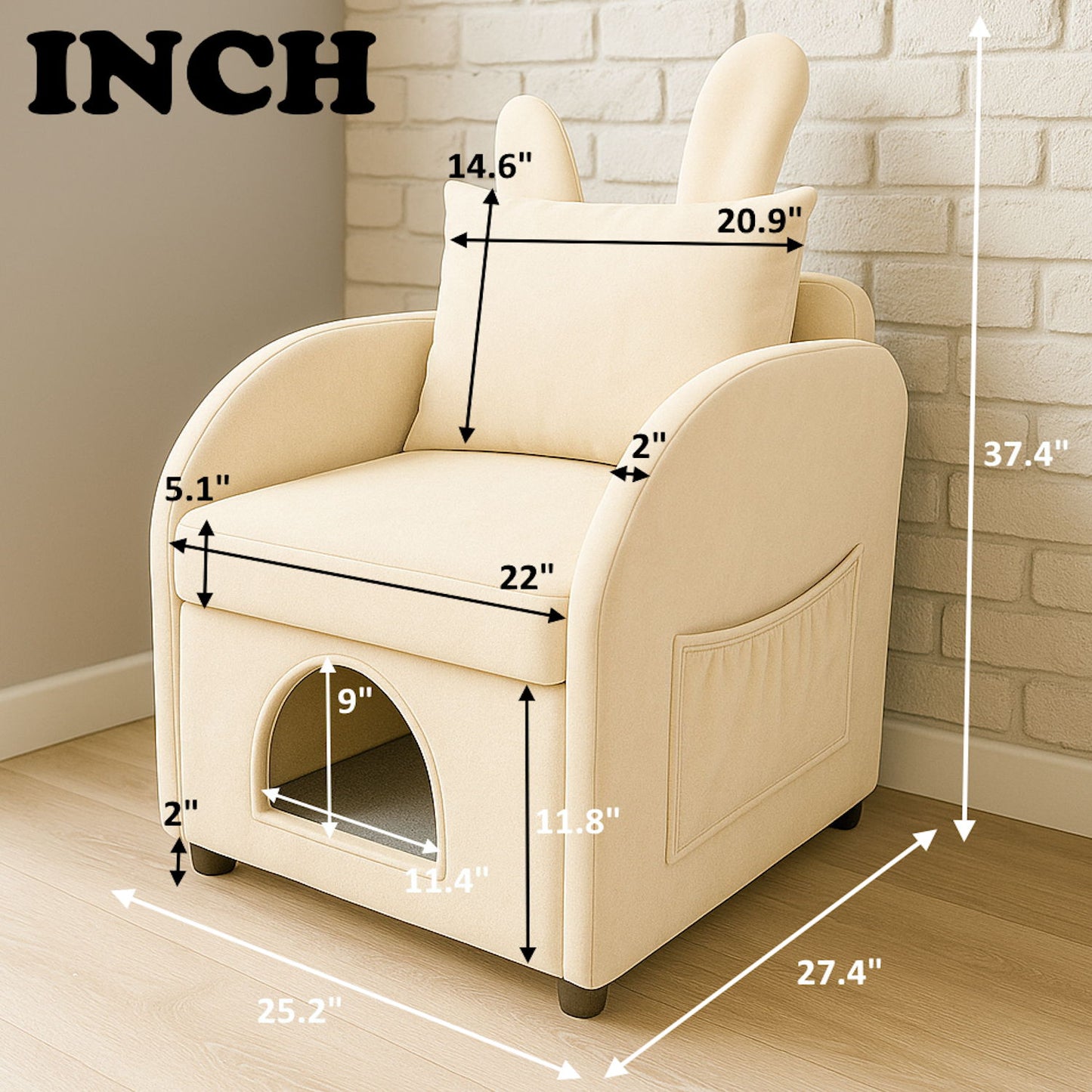 Bunny Ear Pet Friendly Armchair With Hidden Pet House With Storage Pocket For Bedroom & Living Room - Beige Home Essentials