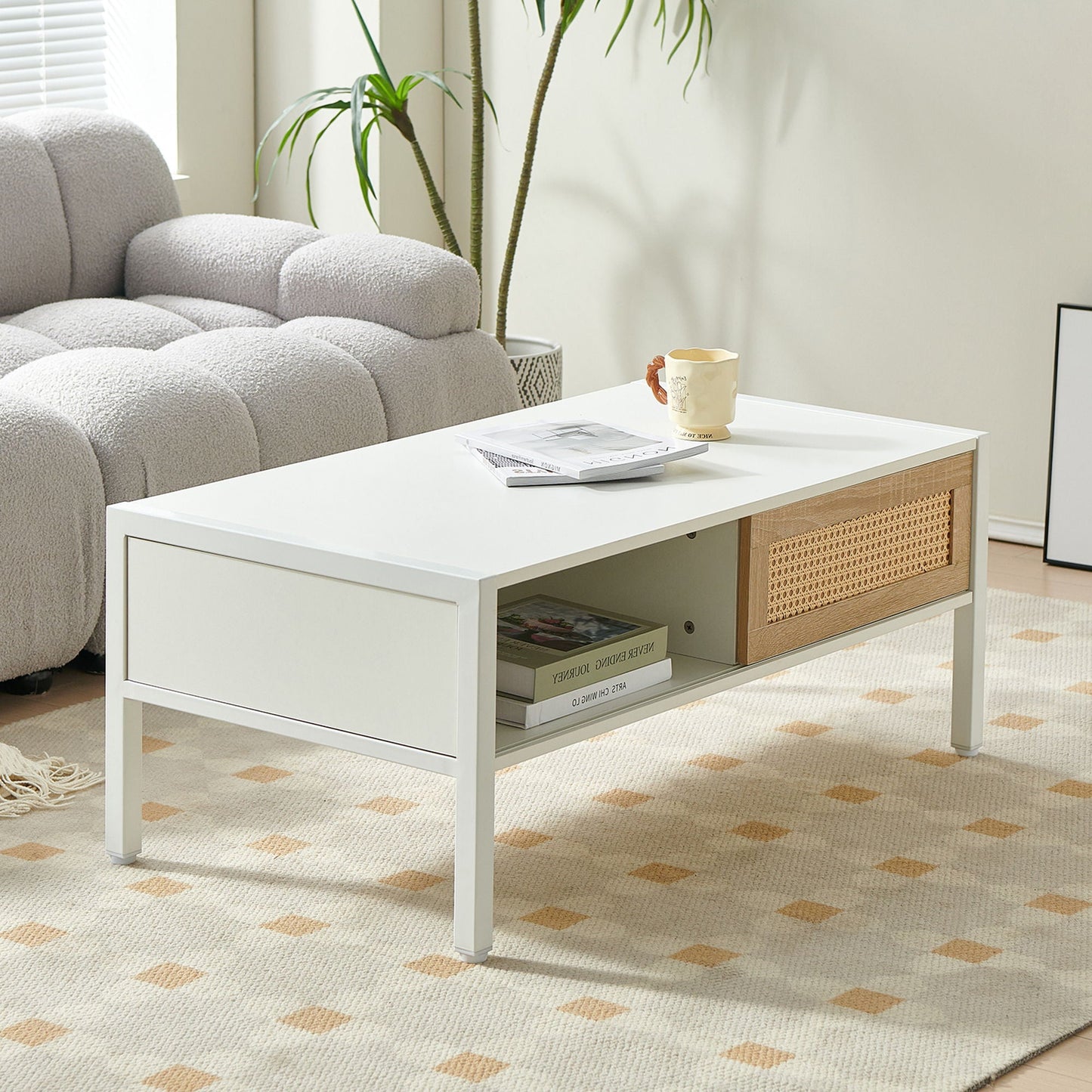 40.16" Rattan Coffee Table, Sliding Door For Storage, Metal Legs, Modern Table For Living Room Home Essentials