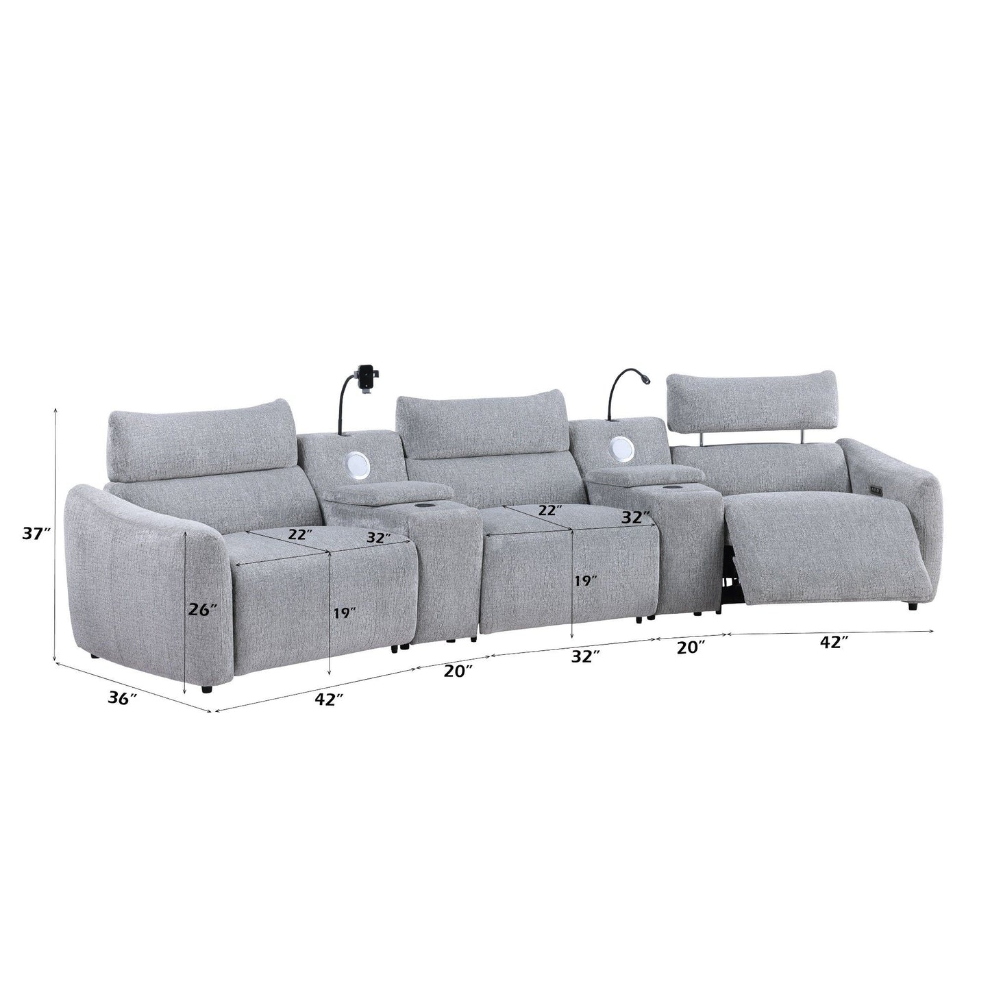 Fullar - Modular Power Motion Sectional Sofa With Console, 2 Wireless Chargers, 4 Cupholders, And 2 Speakers, 1 Phone Holder And 1 Reading Light, Adjustable Headrest - Light Gray Acme