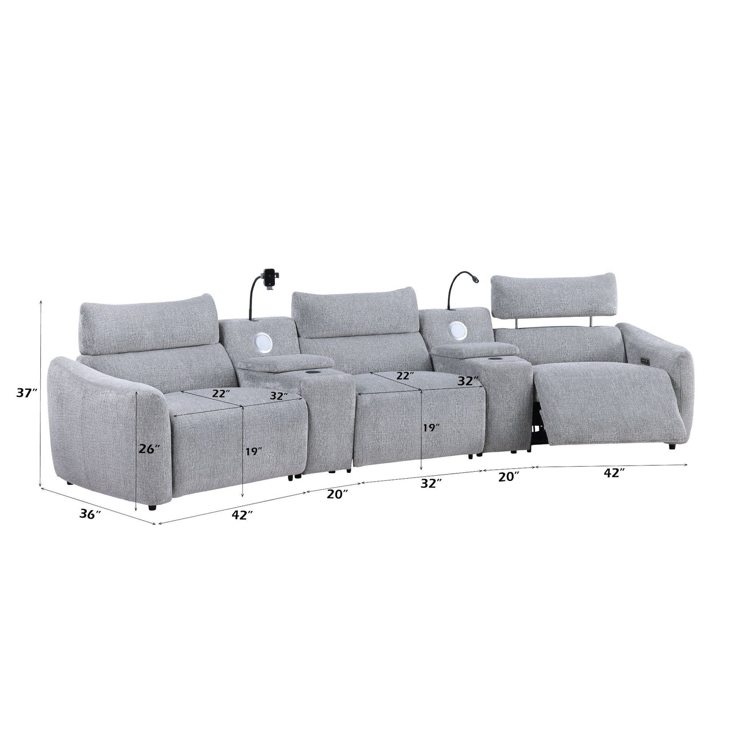 Fullar - Modular Power Motion Sectional Sofa With Console, 2 Wireless Chargers, 4 Cupholders, And 2 Speakers, 1 Phone Holder And 1 Reading Light, Adjustable Headrest - Light Gray Acme