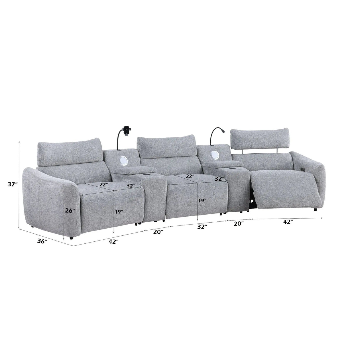 Fullar - Modular Power Motion Sectional Sofa With Console, 2 Wireless Chargers, 4 Cupholders, And 2 Speakers, 1 Phone Holder And 1 Reading Light, Adjustable Headrest - Light Gray Acme