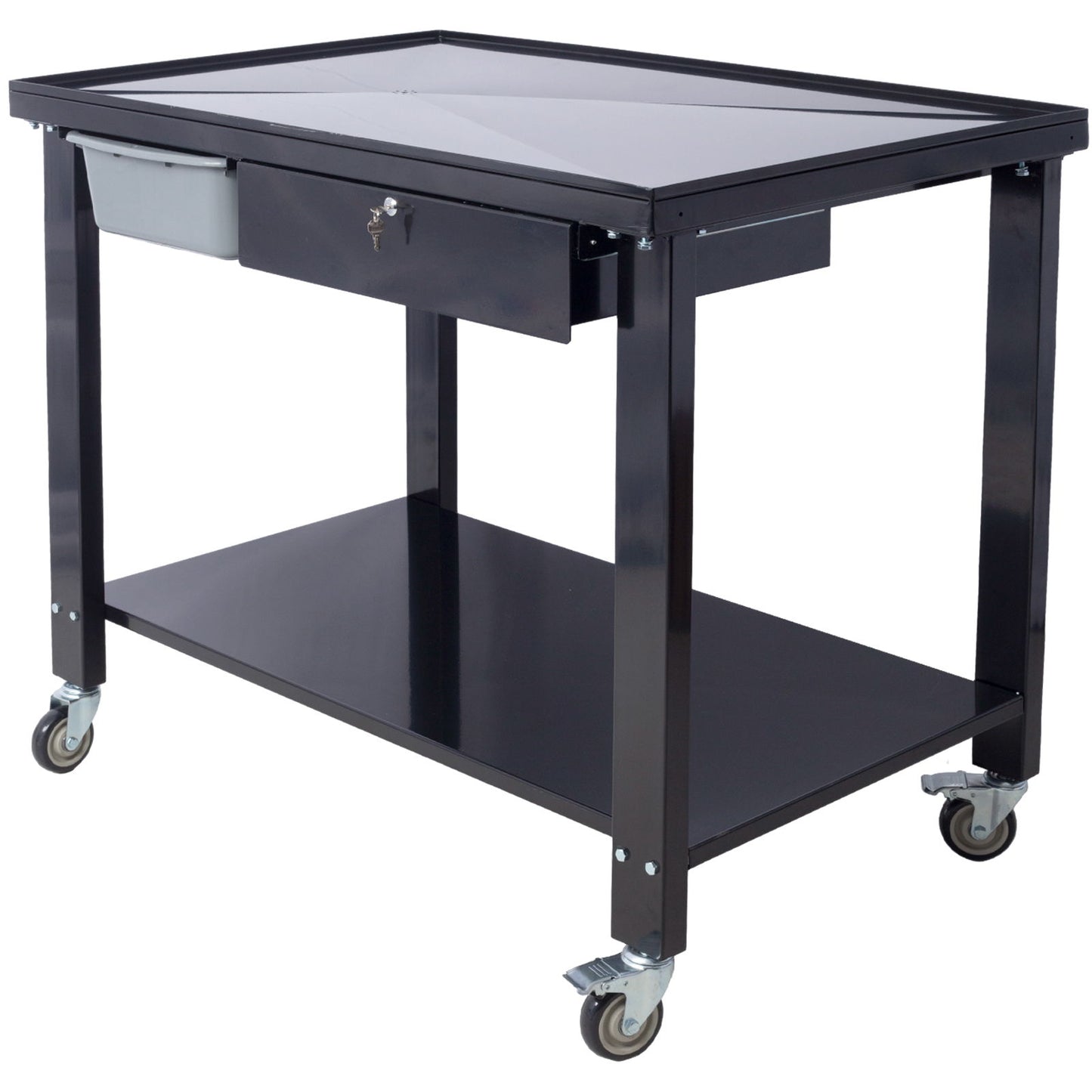 Transmission Teardown Work Station 1 / 2 Ton Capacity Sloping Drain Table Locking Drawer Removable Drain Basin Full-Width Lower Shelf Four 4" Caster Wheels Daily Nest