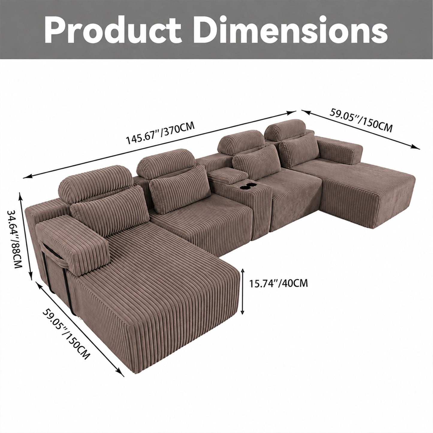 U-Shaped Sectional Sofa With Chaise Lounge And Cup Holders Home Essentials