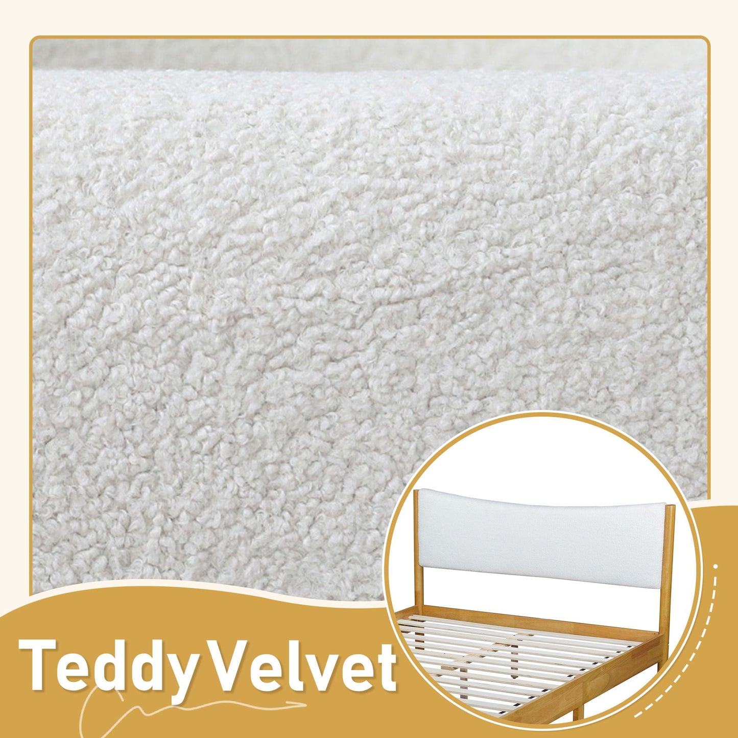 Queen Size Rubber Wooden, Solid Wooden Bed With Teddy Velvet Cushion Upholstered Headboard, Enhanced By Support Feet - Natural Home Essentials