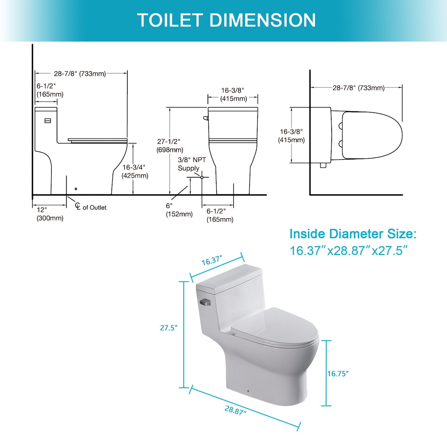 1 Piece Toilet, Soft Closing Seat - White Daily Nest