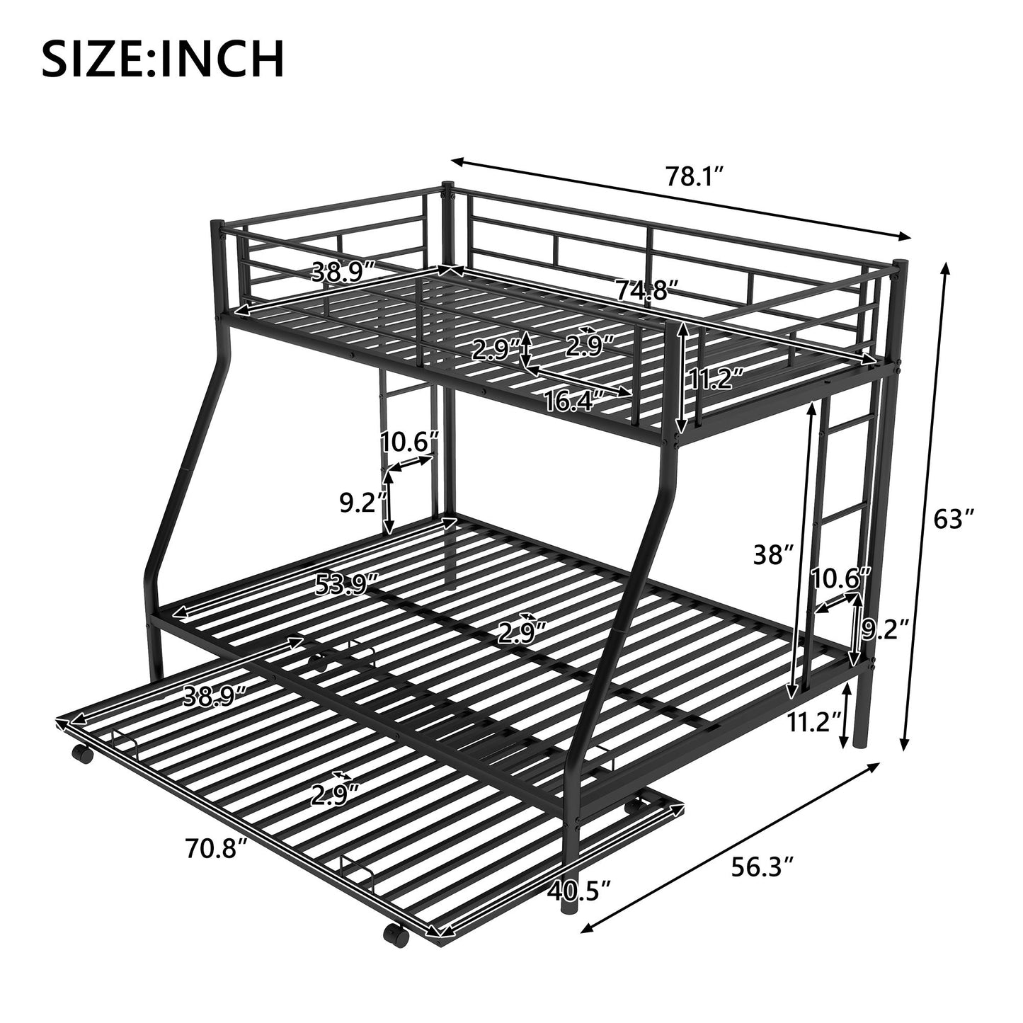 Bunk Bed With Steel Frame And Trundle, 2 Side Ladders Hearth and Haven