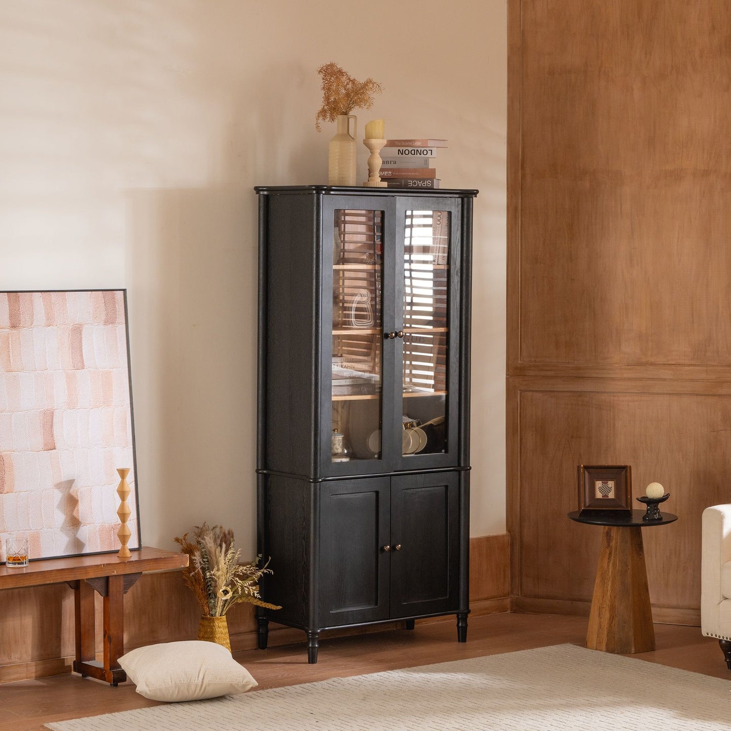 Vintage Display Cabinet With Double Glass Doors, Traditional Style For Collectibles, Ash Wood Veneer, 73.25" Tall - Black / Natural Hearth and Haven