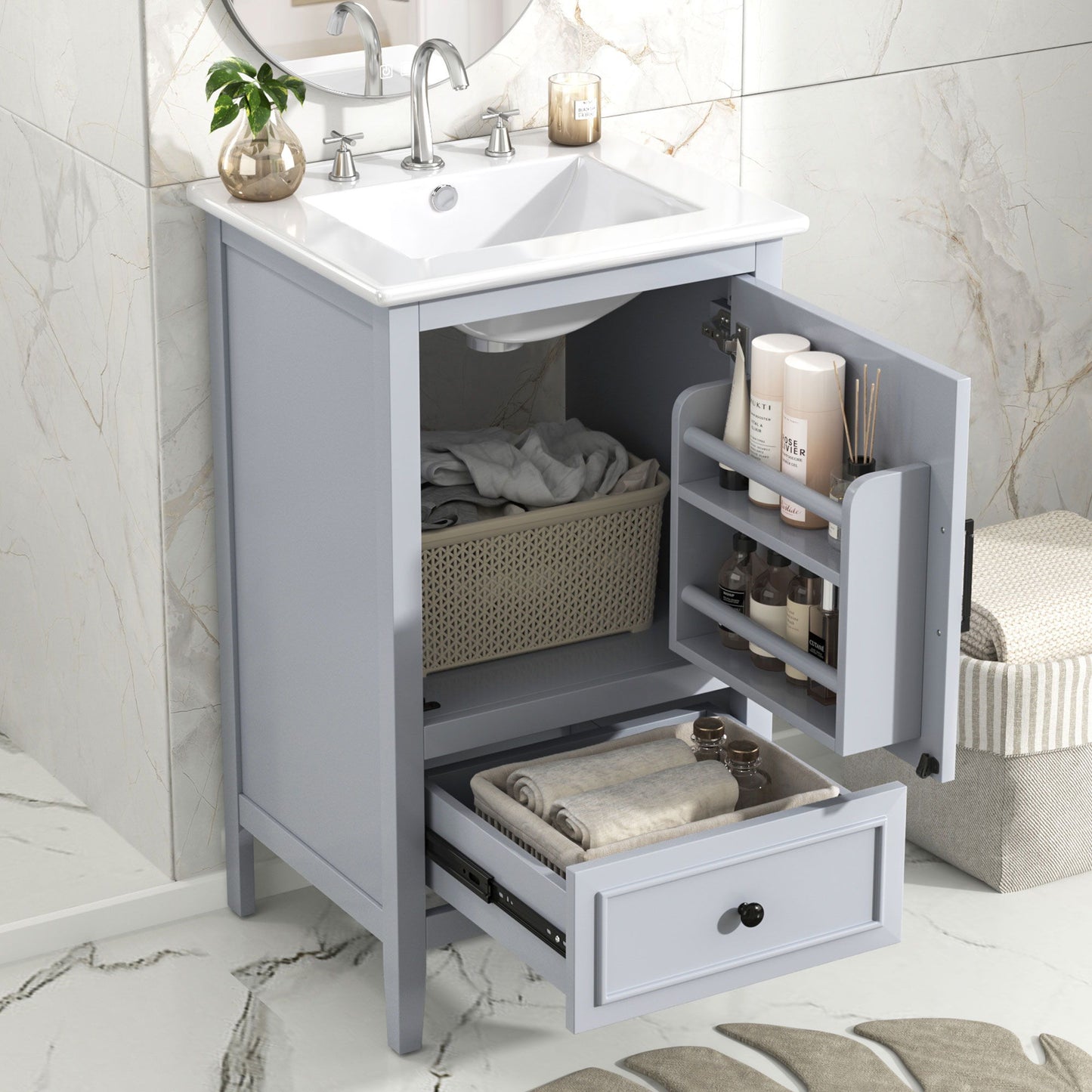 20" Bathroom Vanity With Sink, Bathroom Cabinet With A Door, Door Shelf Storage And Adiustable Foot Pads, A Drawer - Gray Noble House