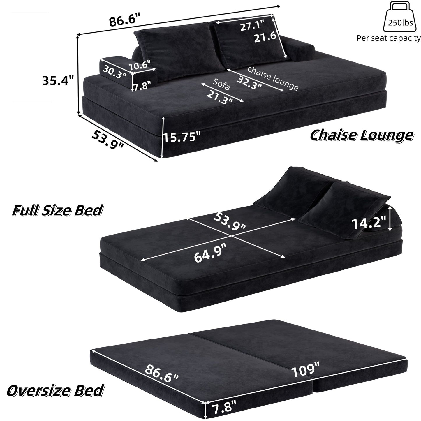 Multifunctional Convertible Sofa Bed With 2 Tumbler Backrests And 2 Pillows, Deep Seat Couch Home Essentials