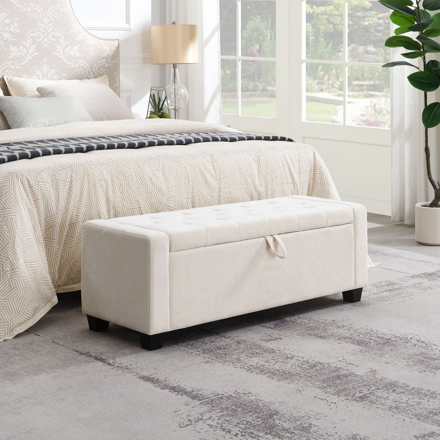 Upholstered Storage Ottoman Bench With Button Tufting And Safety Hinge Home Essentials