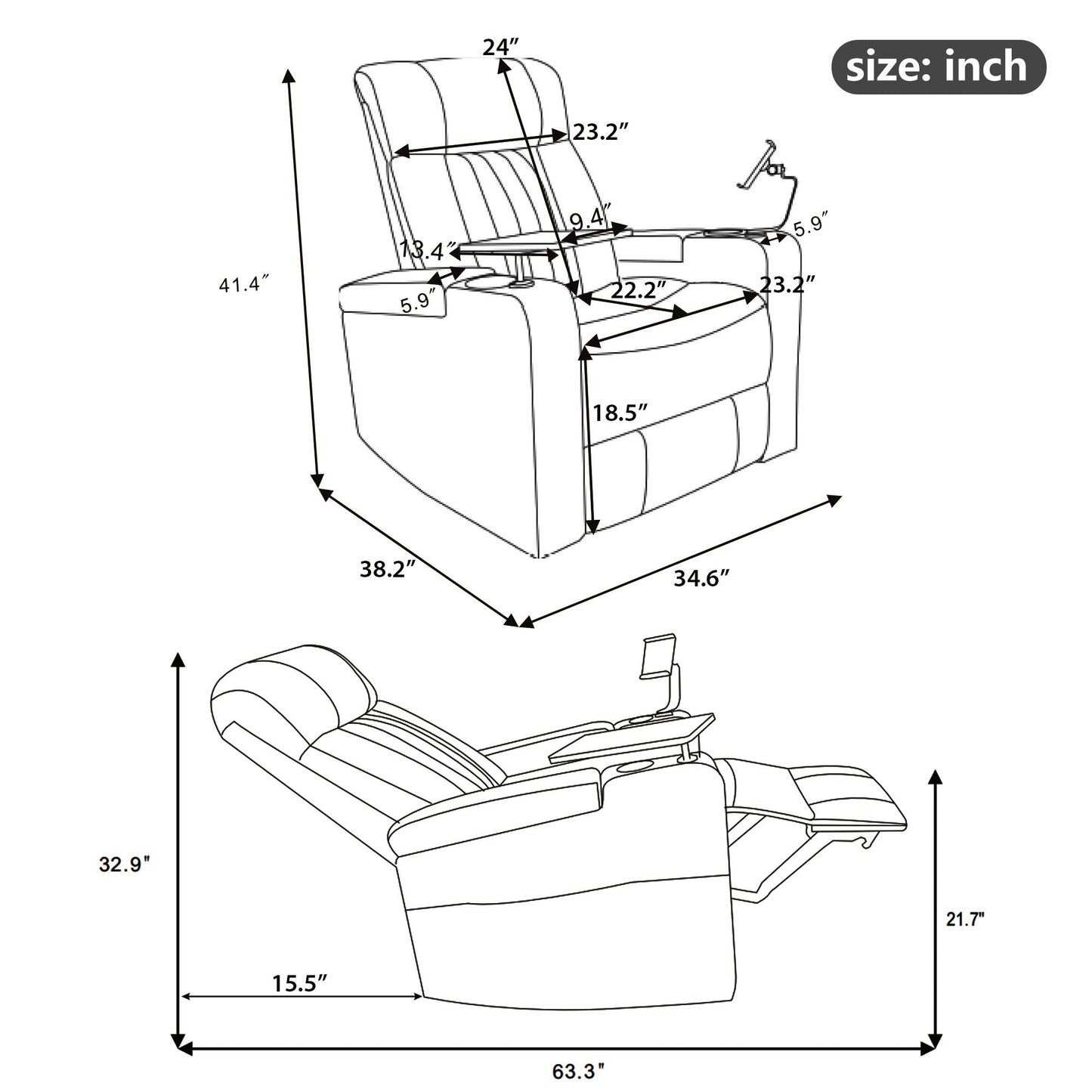 270° Power Swivel Recliner Home Theater Chair With Hidden Arm Storage, LED Light, Cup Holder, And Tray Table Hearth and Haven