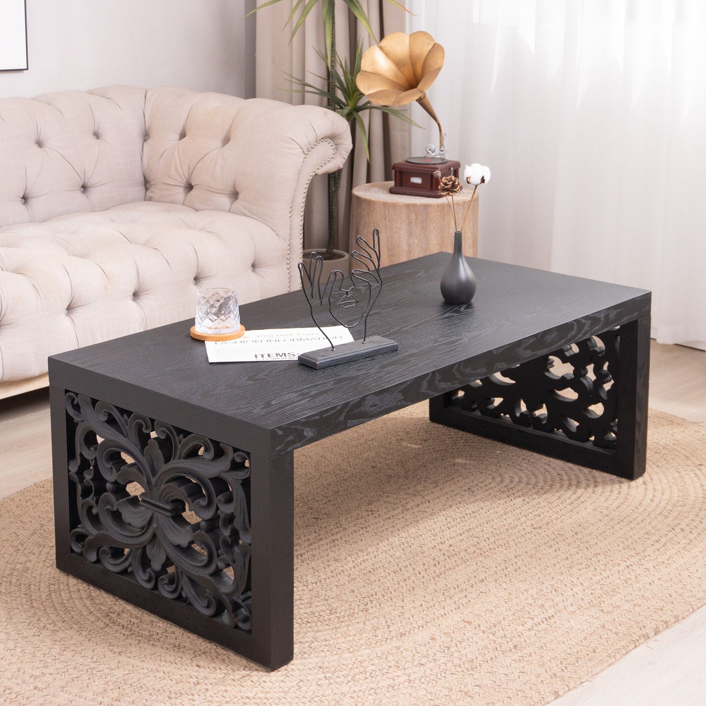 Rustic Carved Wood Coffee Table, Handcrafted Look With Ornate Side Panels Home Essentials