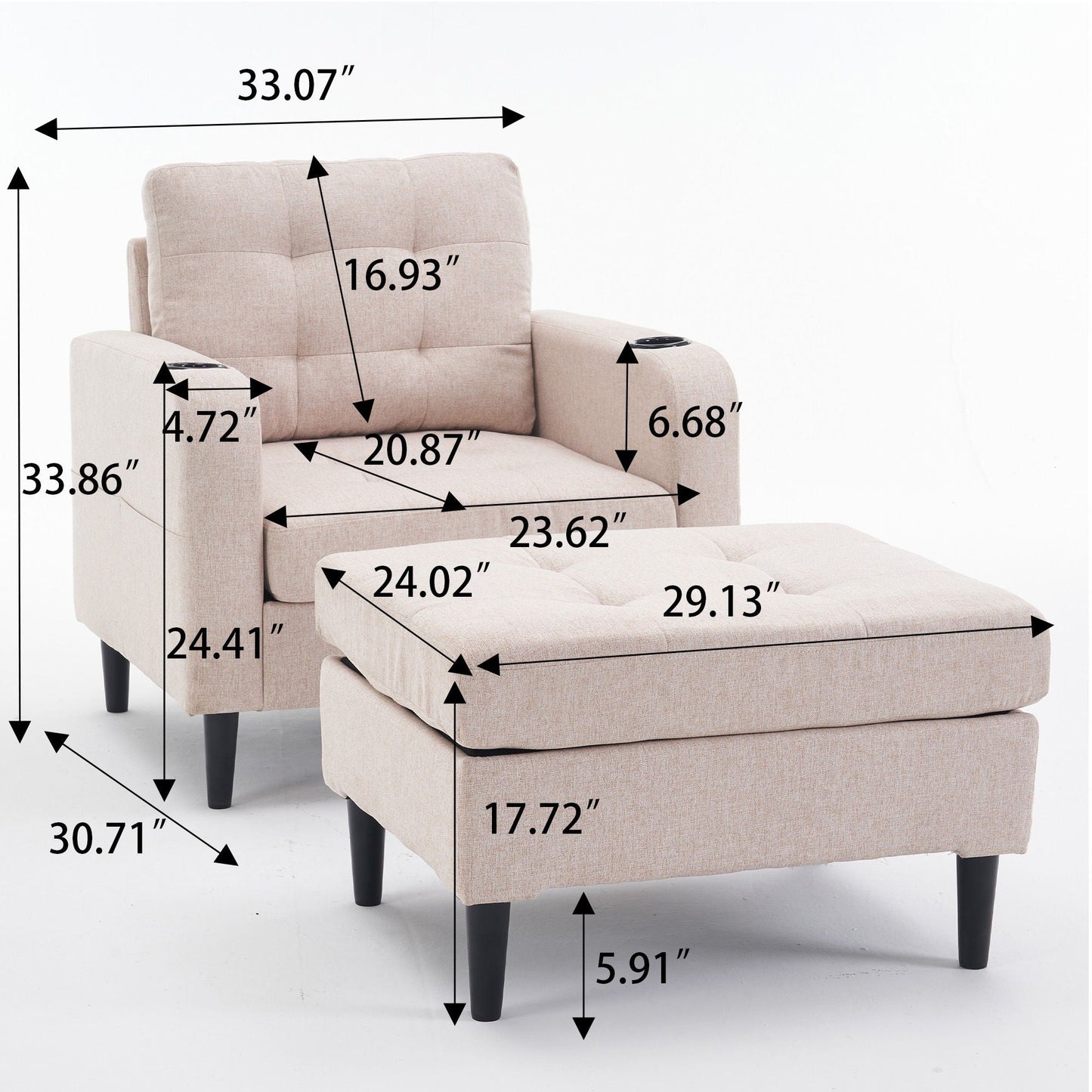Upholstered Armchair And Storage Ottoman Set, Comfortable Single Sofa With Cup Holders And Tufted Detailing, Ideal For Living Room Or Bedroom Home Essentials