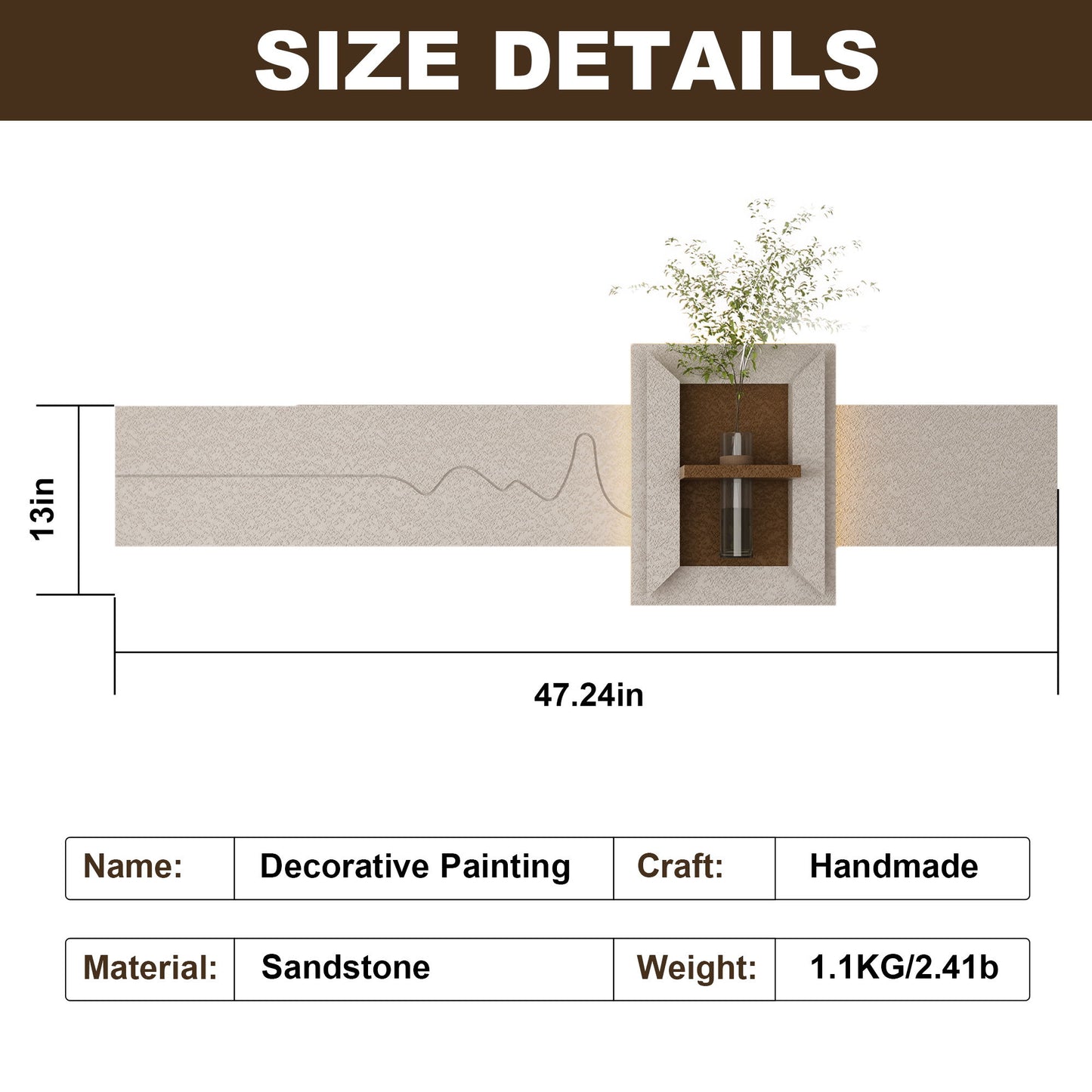 3D LED Sandstone Wall Decor With Simulated Plants, Glass Vase & Remote Control - Light Coffee Daily Nest